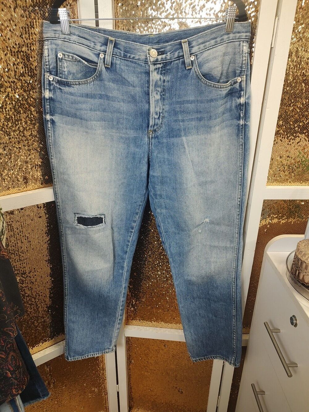 AMO Blue Tomboy Crop Distressed Straight Leg Jeans Size 31